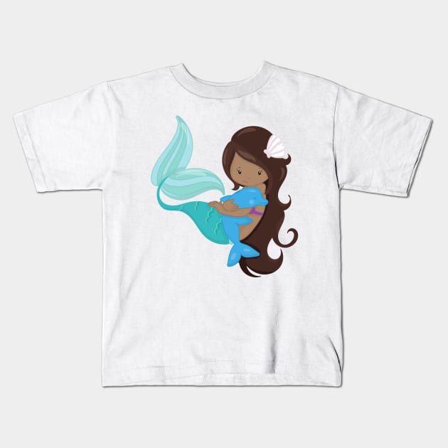 African American Mermaid, Brown Hair, Dolphin Kids T-Shirt by Jelena Dunčević